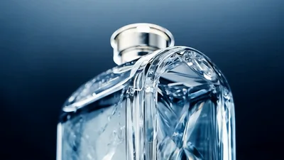 Crystal Perfume Bottle Rotating Against Dark Blue Background