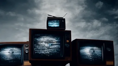 Stack of Vintage Televisions Displaying Static Noise