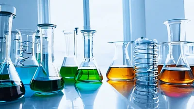 Laboratory Glassware With Colorful Chemical Solutions