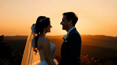 Bride and Groom Gazing Lovingly at Sunset