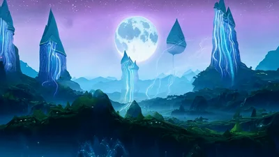 Fantasy Landscape With Glowing Crystal Towers And Full Moon