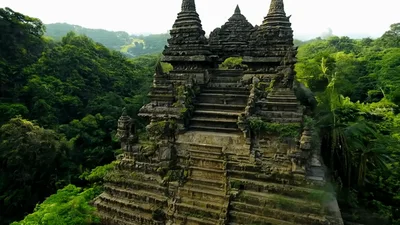 Aerial View Of Ancient Stone Temple In Lush Jungle