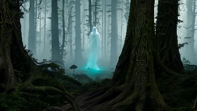 Ethereal Ghostly Figure Floating In A Misty Dark Forest