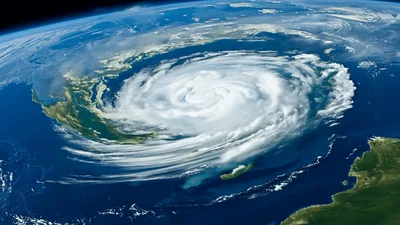 Satellite View Of A Massive Rotating Hurricane Over Earth