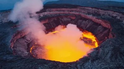 Aerial View Of Active Volcanic Crater With Molten Lava