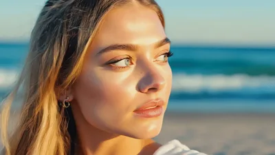 Beautiful Blonde Woman Turning Head On Beach