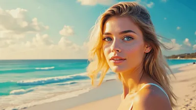 Beautiful Blonde Woman Standing On Tropical Beach