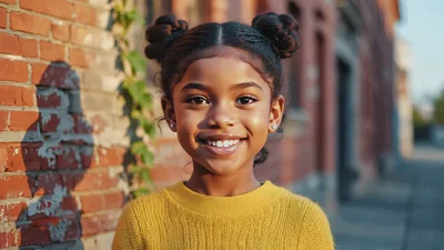 Young Girl Smiling Outdoors In A Yellow Sweater