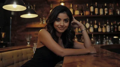 Beautiful Woman Sitting At A Bar Counter