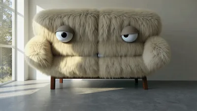 Surreal Furry Sofa Monster Opening Its Mouth