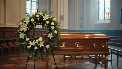 Funeral Casket With Floral Wreath In Church Interior