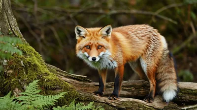 Red Fox Standing On A Mossy Log In Forest