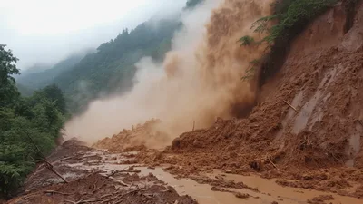 Massive Mudslide Cascading Down A Mountain Slope