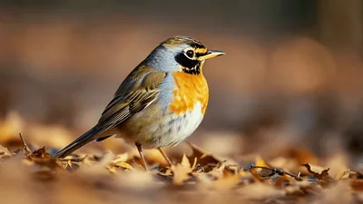 Red-Throated Thrush Standing Still On Autumn Leaves