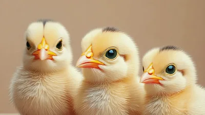 Three Cute Fluffy Yellow Chicks Looking Around