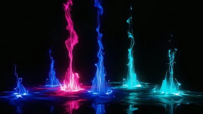 Abstract Neon Liquid Flames Rising From Dark Reflective Surface