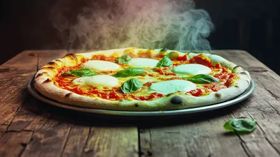 Steaming Fresh Margherita Pizza On Rustic Wooden Table