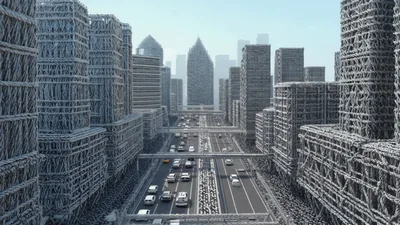 Knitted Yarn Cityscape With Moving Traffic