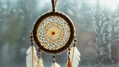 Dreamcatcher Hanging Against A Frosty Window Pane
