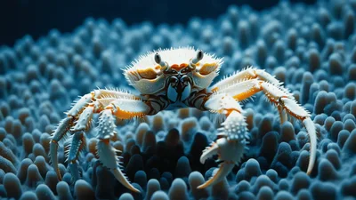 White Spiny Crab Moving Across Blue Coral Reef