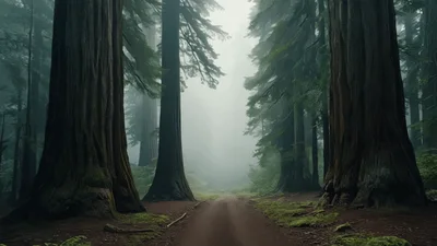 Cinematic Dolly Shot Through Misty Redwood Forest Path