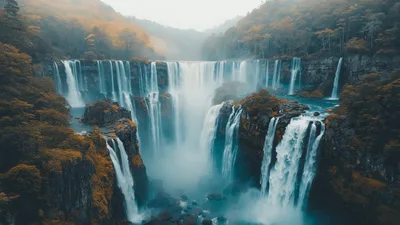 Majestic Waterfall Cascading Down Lush Forested Cliffs