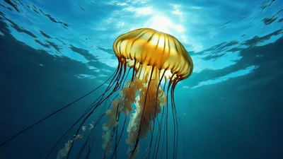 Golden Jellyfish Swimming In Clear Blue Ocean Water