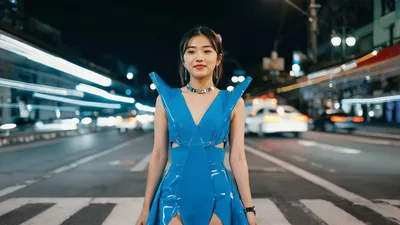 Young Asian Woman Standing On City Street At Night