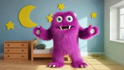 Cute Purple Monster Dancing In A Child Bedroom