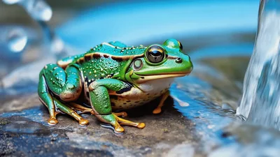 Green Frog Sitting On A Wet Rock Near Water