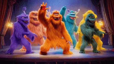 Group Of Colorful Furry Monsters Dancing On Stage