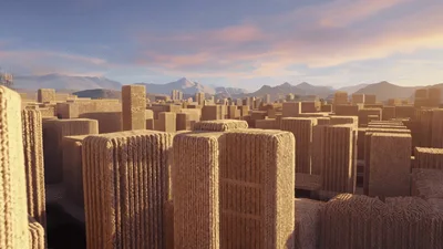 Knitted Yarn Cityscape With Mountains At Sunset