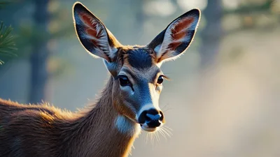 Young Deer Turning Head In Misty Forest