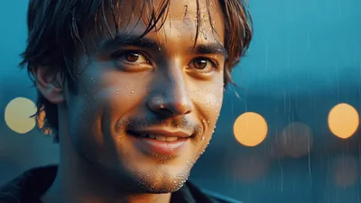 Young Man Smiling In The Rain At Night