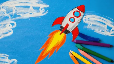 Hand Drawn Rocket Ship Flying Through Clouds