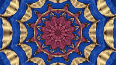 Abstract Kaleidoscope Pattern With Rotating Gold And Blue Shapes