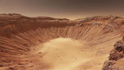 Aerial View Of A Large Martian Impact Crater