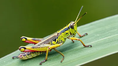 Bright Green Grasshopper Resting On A Leaf