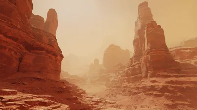 Dusty Red Canyon Landscape With Hazy Atmosphere