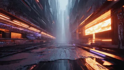 Cinematic Cyberpunk Alleyway With Glowing Neon Lights