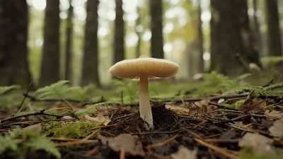 Single Mushroom Growing In A Misty Forest Floor
