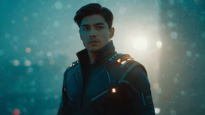 Young Man In Futuristic Tactical Gear Standing In Fog