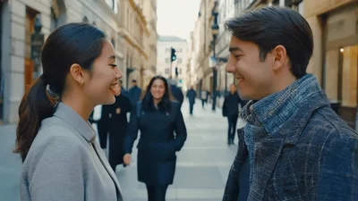 Young Couple Smiling At Each Other On City Street