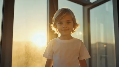 Portrait Of A Young Blonde Boy Standing By Window