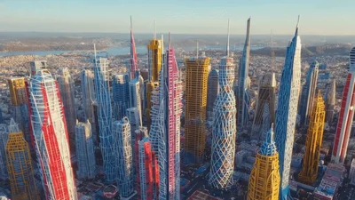 Aerial View of Futuristic Colorful Skyscraper Cityscape