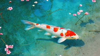 White And Orange Koi Fish Swimming In Clear Pond