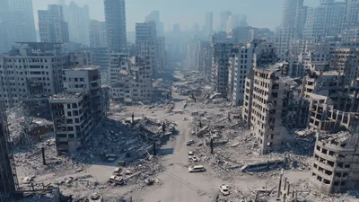 Aerial View Of A Devastated War Torn City Street
