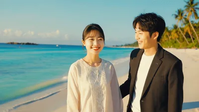 Young Couple Smiling Together on a Tropical Beach