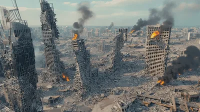 Aerial View Of A Devastated War Torn City