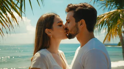 Young Couple Kissing On A Tropical Beach